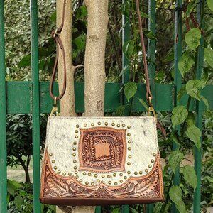 Western Hair-on Leather Purse – Tooled Cowhide Tote, Crossbody Shoulder Bag
